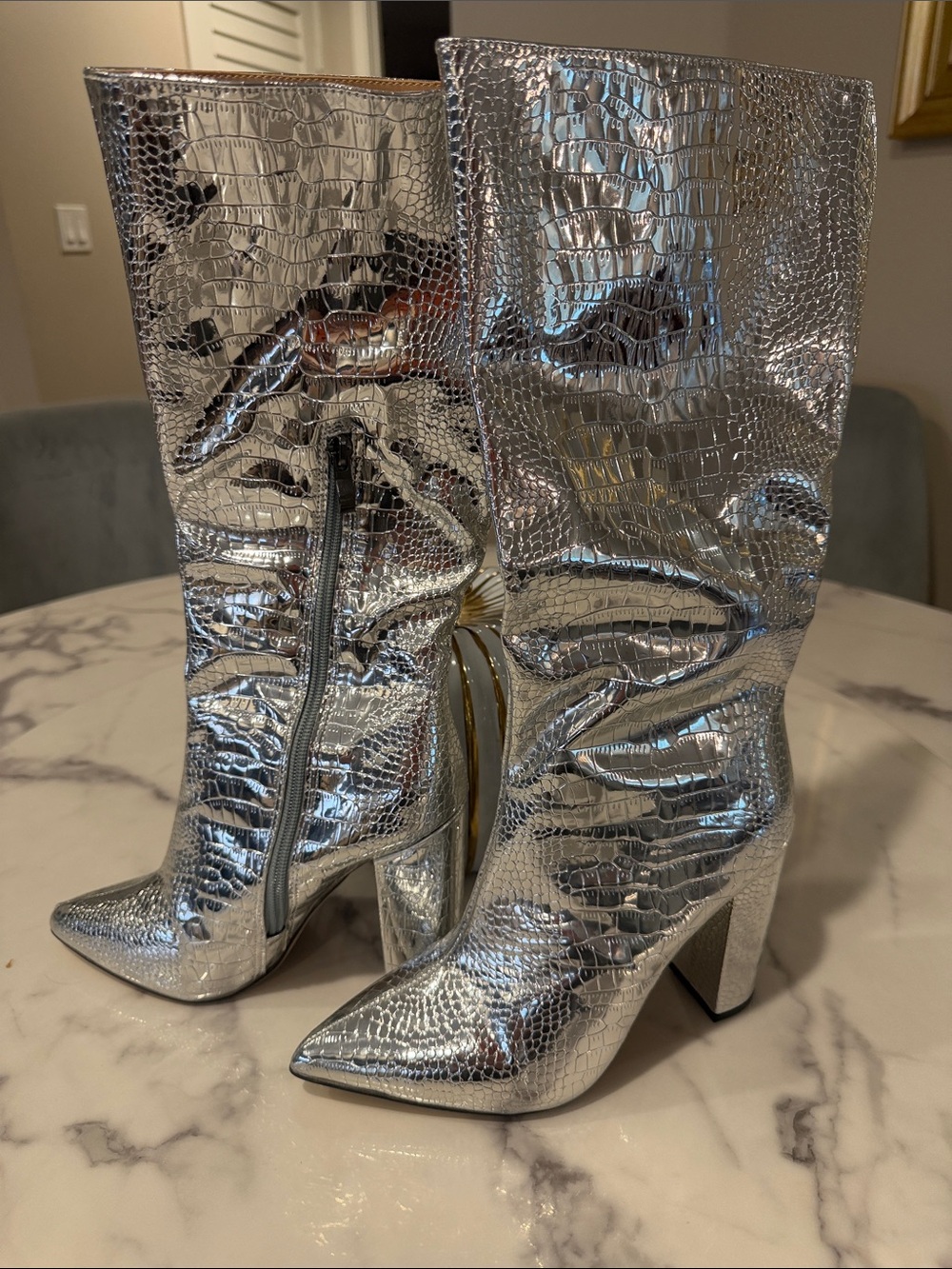 SHEIN Silver Croc-Embossed Pointed Block Heel Mid-Calf Boots